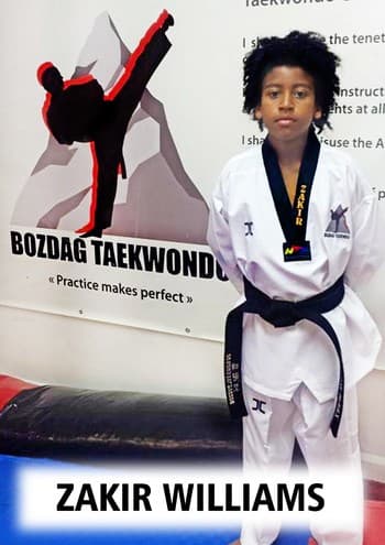 Zakir Williams, youth black belt at Bozdag Taekwondo